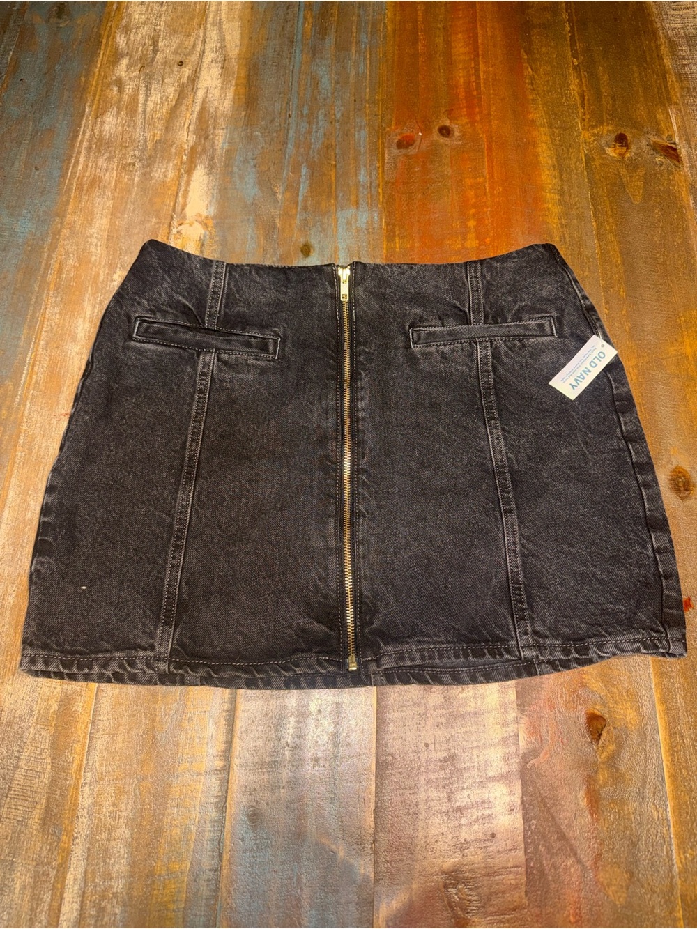 Old Navy Black Washed Denim Mini Skirt with Front Zip